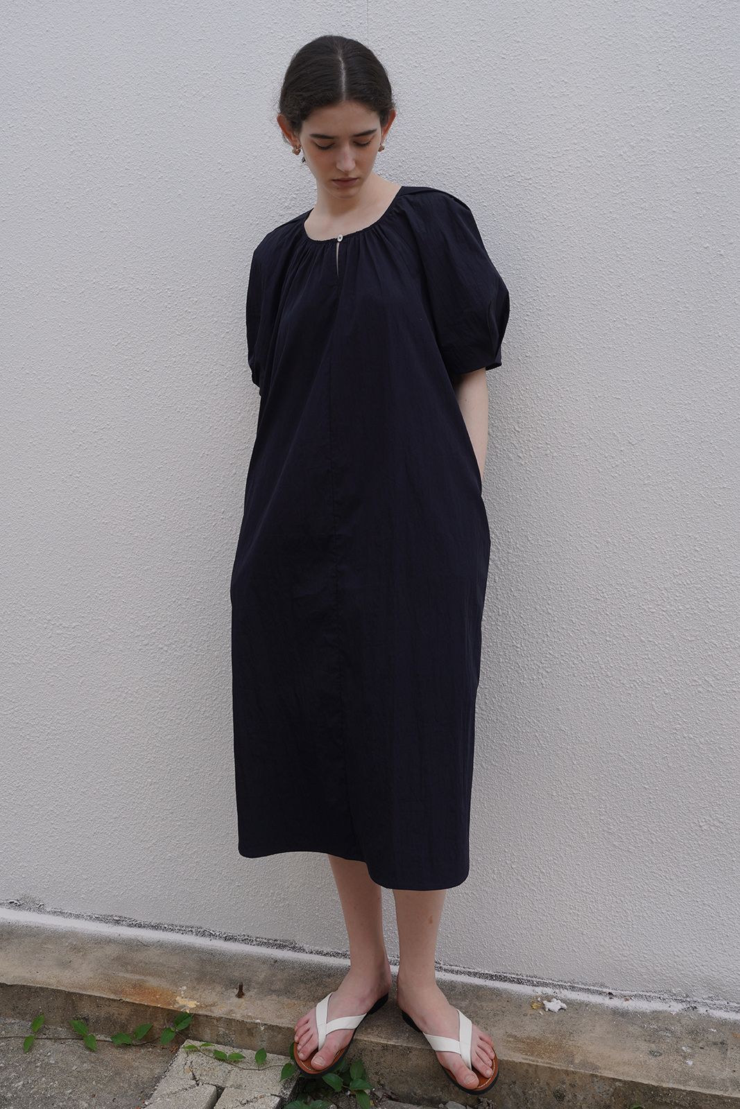 Grace pleated cotton dress navy